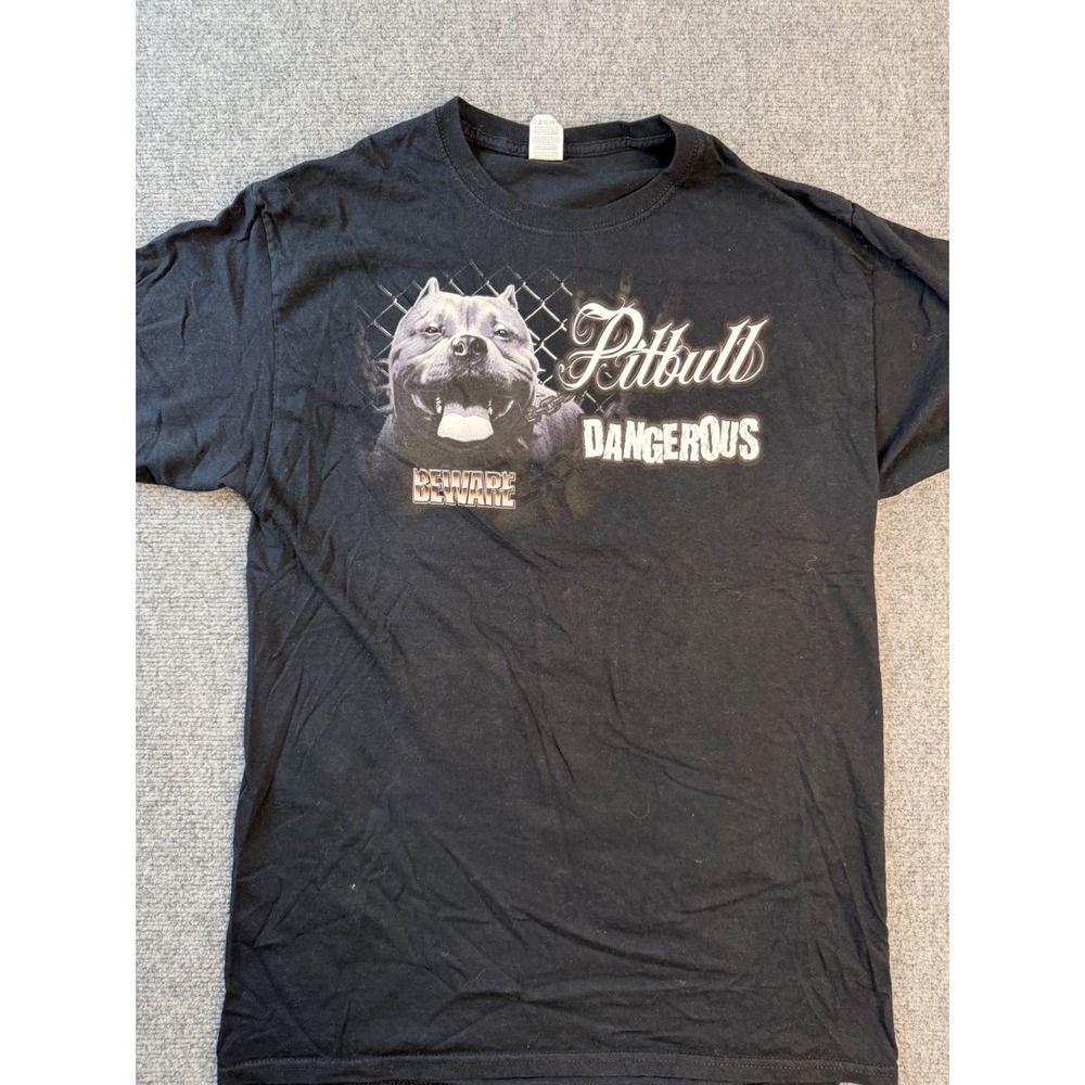 Fruit of the Loom Pitbull Beware Dangerous Graphic T-Shirt Mens M Black Cotton - Picture 5 of 5